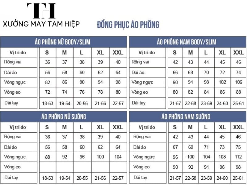 Xưởng may áo thun đồng phục giá rẻ, chất lượng, đa dạng mẫu mã. 7 Bảng size may đồng phục áo thun nam, nữ