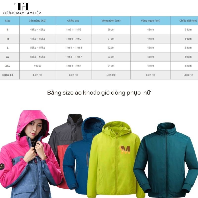 Xưởng may áo gió đồng phục đẹp, theo yêu cầu, chất lượng, giá tốt. 3 Bảng size may áo khoác gió đồng phục cho nữ
