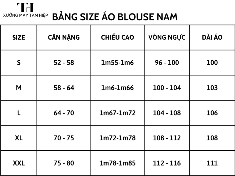 Xưởng may áo blouse nam uy tín, chất lượng, giá cả phải chăng 7 Trên đây là bảng size áo blouse bác sĩ nam để bạn tham khảo