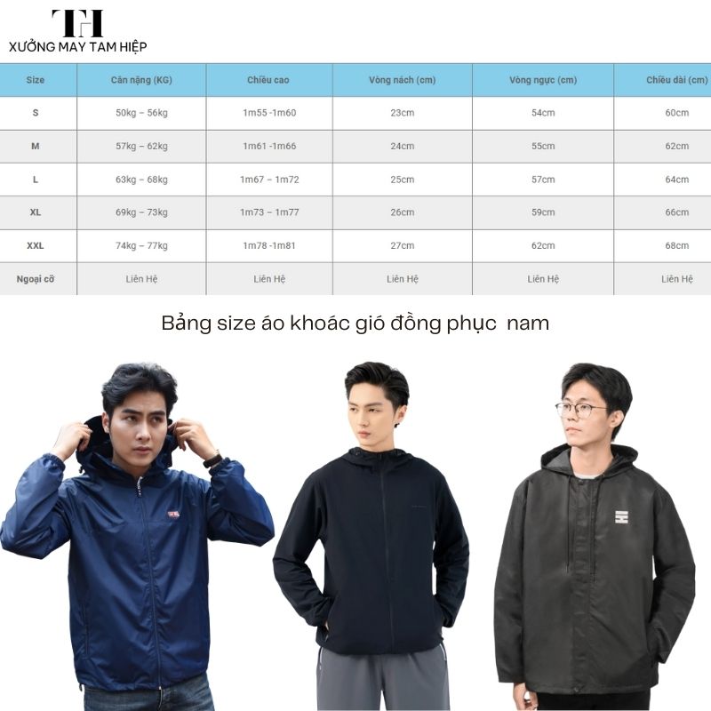 Xưởng may áo gió đồng phục đẹp, theo yêu cầu, chất lượng, giá tốt. 4 Bảng size may áo gió đồng phục cho nam