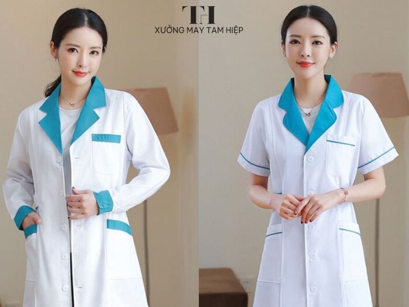 Đồng phục điều dưỡng dáng dài màu trắng phối xanh dương