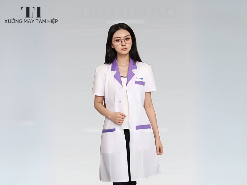 Mẫu áo blouse bác sĩ nữ hiện đại được cách điệu bởi viền túi và cổ áo khác màu