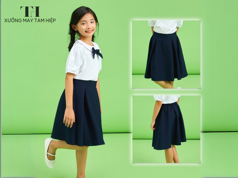 May váy học sinh 3 Váy học sinh cấp 1 màu xanh navy cùng sơ mi trắng