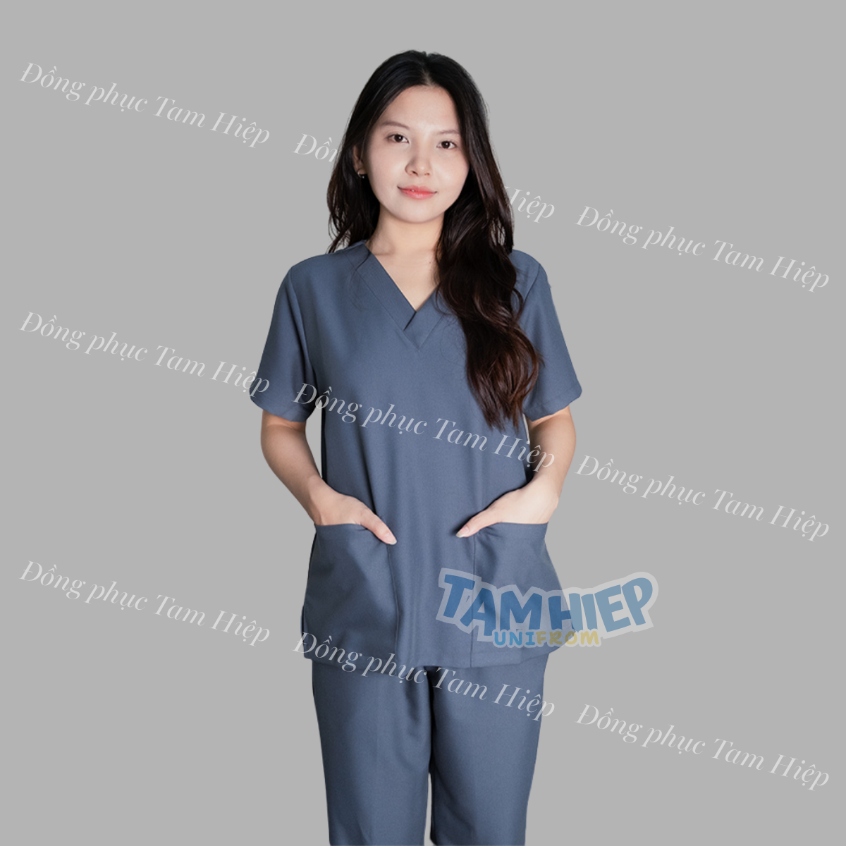 Áo Scrubs cổ tim màu xám